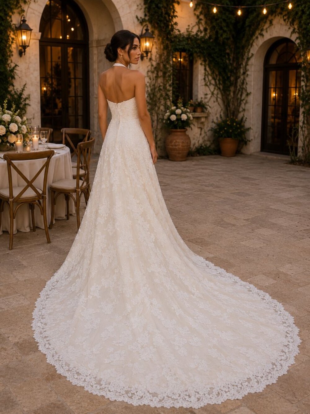 DaVinci Bridal T8090 Lace Halter Wedding Dress | Ivory/Champagne | NWT | Size 4 - Picture 3 of 9